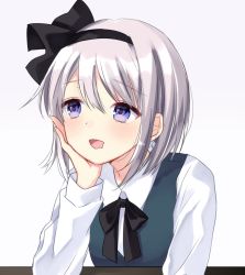 Rule 34 | 1girl, arm support, black hairband, black neckwear, black ribbon, blue eyes, commentary request, drooling, hair ribbon, hairband, head rest, konpaku youmu, long sleeves, looking up, mouth drool, purin jiisan, ribbon, silver hair, simple background, smile, solo, touhou, upper body, vest