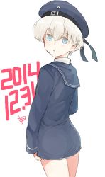 Rule 34 | 10s, 1girl, :o, blue eyes, blush, clothes writing, dated, hat, kantai collection, long sleeves, looking back, military, military uniform, nakagomiyuki415, open mouth, sailor collar, sailor hat, short hair, signature, silver hair, simple background, solo, uniform, white background, z1 leberecht maass (kancolle)
