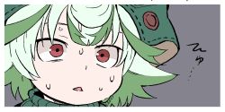 Rule 34 | 1girl, commentary request, green hair, green hat, grey background, hat, made in abyss, multicolored hair, parted lips, portrait, prushka, red eyes, short hair, simple background, solo, streaked hair, sweatdrop, triangular headpiece, usuki (usukine1go), wide-eyed