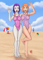 Rule 34 | 2girls, age difference, artist request, beach, ben 10, breasts, cameltoe, cartoon network, colored skin, covered erect nipples, crossover, dc comics, female focus, grey skin, gwen tennyson, multiple girls, one-piece swimsuit, purple hair, raven (dc), short hair, swimsuit, teen titans