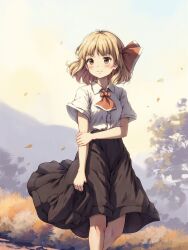Rule 34 | 1girl, ascot, black skirt, blonde hair, blush, feet out of frame, hair ribbon, hand on own arm, highres, holding, holding clothes, kinoniku, looking afar, red ascot, ribbon, rumia, shirt, short hair, short sleeves, skirt, smile, solo, standing, touhou, unworn vest, white shirt, yellow eyes