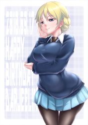 Rule 34 | 10s, 1girl, arm grab, black necktie, black pantyhose, blonde hair, blouse, blue eyes, blue skirt, blue sweater, braid, breast hold, breasts, character name, closed mouth, commentary request, cowboy shot, darjeeling (girls und panzer), dress shirt, english text, girls und panzer, half-closed eyes, hand on own face, happy birthday, large breasts, leaning forward, long sleeves, looking to the side, miniskirt, necktie, no emblem, pantyhose, partial commentary, pleated skirt, school uniform, shiromitsu suzaku, shirt, short hair, skirt, smile, solo, st. gloriana&#039;s school uniform, standing, sweater, thighs, twin braids, v-neck, white shirt, wide hips, wing collar