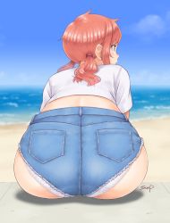 Rule 34 | artist name, ass, beach, blue eyes, brown hair, day, denim, denim shorts, from behind, looking to the side, monica blueash, outdoors, school girl strikers, shirt, short shorts, short sleeves, short twintails, shorts, sitting, sunsun69, twintails, white shirt