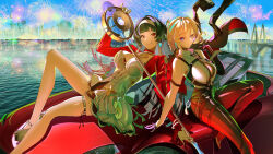 2girls absurdres aerial_fireworks astra_yao bare_legs black_hair black_pants blonde_hair blue_sky braid breasts bridge car cleavage_cutout clothing_cutout commentary_request crown_braid dress evelyn_chevalier fireworks hairband highres holding holding_microphone_stand large_breasts legs long_hair microphone_stand motor_vehicle multiple_girls ocean pants purple_eyes red_car red_eyes shiozawahoushou short_hair sitting sitting_on_object sky solo white_dress white_hairband zenless_zone_zero