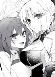 Rule 34 | 2girls, absurdres, ahoge, artoria caster (fate), artoria caster (third ascension) (fate), artoria pendragon (fate), black gloves, blush, breasts, buttons, closed mouth, collar, dress, fate/grand order, fate (series), flower, fujimaru ritsuka (female), fujimaru ritsuka (female) (decisive battle chaldea uniform), gloves, greyscale, hair between eyes, highres, jacket, long dress, long hair, looking at viewer, medium breasts, monochrome, multiple girls, open mouth, diamond (shape), short hair, simple background, small breasts, smile, uvula, uxco0, yuri