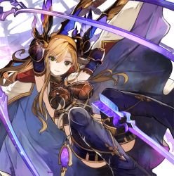 Rule 34 | 10s, 1girl, arrow (projectile), bow (weapon), breasts, brown eyes, brown hair, cape, granblue fantasy, head wings, large breasts, long hair, looking at viewer, navel, pupps, smile, solo, thighhighs, tweyen (granblue fantasy), weapon, wings