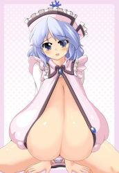Rule 34 | 1girl, blue eyes, blue hair, blush, breasts, chuuten (clam chowder), covered erect nipples, female focus, gigantic breasts, hanging breasts, hat, huge breasts, merlin prismriver, open mouth, panties, pantyshot, pink panties, sagging breasts, sitting, smile, spread legs, striped clothes, striped panties, touhou, underwear, v arms, white panties