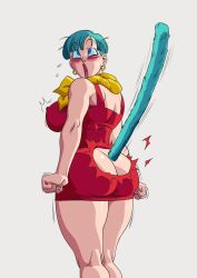 Rule 34 | 1girl, absurdres, ahegao, ass, blue fur, blue hair, blush, breasts, bulma, butt crack, dragon ball, dress, earrings, highres, jewelry, large breasts, lipstick, makeup, nipples, red dress, scarf, tail, thick thighs, thighs, torn clothes, vanbrand
