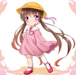 Rule 34 | 1girl, absurdly long hair, ankle lace-up, bloomers, blush, brown hair, closed mouth, commentary request, cross-laced footwear, frills, full body, hair between eyes, hands in opposite sleeves, hat, headset, heart, highres, kindergarten uniform, long hair, long sleeves, looking at viewer, mary janes, name tag, pink footwear, pink ribbon, pink shirt, purple eyes, ribbon, rody (hayama yuu), school hat, shirt, shoes, smile, socks, solo, standing, standing on one leg, thighhighs, thighhighs pull, tsukuyomi ai, twintails, underwear, very long hair, voiceroid, white background, white bloomers, white socks, white thighhighs, yellow hat