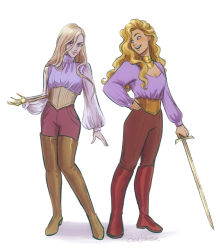 Rule 34 | 2girls, absurdres, bev johnson, blonde hair, boots, coronabeth tridentarius, hand on own hip, highres, holding, holding sword, holding weapon, ianthe tridentarius, long sleeves, multiple girls, pants, siblings, sisters, skeletal arm, sword, the locked tomb, thigh boots, thighhighs, twins, weapon