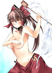 Rule 34 | 1girl, atoshi, bad id, bad pixiv id, blush, bow, breasts, brown eyes, brown hair, colored eyelashes, covering privates, covering breasts, female focus, frown, groin, hair bow, hair tubes, hakurei reimu, highres, hishaku, large breasts, long hair, looking at viewer, navel, no panties, no pupils, ponytail, skirt, solo, topless, touhou, water, yellow eyes