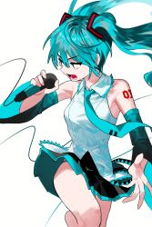 Rule 34 | 1girl, 2pineapplepizza, aqua eyes, aqua hair, bare shoulders, belt, crypton future media, detached sleeves, frilled shirt, frilled shirt collar, frills, hair ornament, hatsune miku, highres, holding, holding microphone, loose belt, microphone, necktie, open mouth, pleated skirt, shirt, skirt, solo, twintails, vocaloid, white background