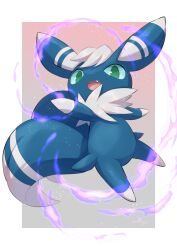 Rule 34 | :d, artist name, blue sclera, border, colored sclera, commentary request, creatures (company), energy, fang, full body, game freak, gen 6 pokemon, gradient background, green eyes, highres, looking at viewer, meowstic, meowstic (male), nintendo, no humans, nullma, open mouth, outside border, pokemon, pokemon (creature), signature, simple background, smile, white border