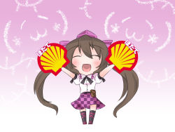 Rule 34 | 1girl, ^ ^, black socks, blush, brown hair, buri hamachi, checkered clothes, checkered skirt, closed eyes, facing viewer, female focus, full body, gradient background, happy, hat, himekaidou hatate, long hair, naik, puffy short sleeves, puffy sleeves, shell, shell (company), short sleeves, skirt, smile, socks, solo, standing, tokin hat, touhou, twintails, very long hair