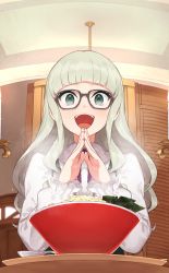 Rule 34 | 1girl, :d, aikatsu! (series), black-framed eyewear, blunt bangs, bowl, candle, candlelight, candlestand, chopsticks, collared shirt, commentary request, dress, fingers together, fisheye, food, glasses, green dress, green eyes, green hair, hair down, hands up, highres, hitoto, indoors, long hair, long sleeves, looking down, neck ribbon, noodles, nori (seaweed), open mouth, own hands together, pinafore dress, purple ribbon, ramen, ribbon, shirt, sidelocks, sleeveless dress, smile, solo, sparkle, spoon, steam, teeth, todo yurika, upper body, upper teeth only, white shirt