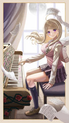 Rule 34 | 1girl, absurdres, akamatsu kaede, arm support, backpack, bag, black socks, blonde hair, blush, breasts, brown footwear, collared shirt, curtains, danganronpa (series), danganronpa v3: killing harmony, flower, flying paper, fortissimo, from side, full body, hair ornament, highres, indoors, instrument, kneehighs, large breasts, long hair, long sleeves, looking at viewer, mixed-language commentary, moon, music, musical note, musical note hair ornament, necktie, paper, piano, pink sweater, playing instrument, playing piano, pleated skirt, purple eyes, red flower, red necktie, red rose, rose, school swimsuit, shirt, silvertsuki, sitting, skirt, sleeveless, sleeveless sweater, smile, socks, solo, sweater, swept bangs, swimsuit, window