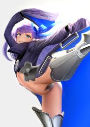 Rule 34 | 1girl, :d, armor, ass, blush, crotch plate, fate/extra, fate/extra ccc, fate (series), flat chest, greaves, hair ribbon, highres, leg up, long hair, looking at viewer, meltryllis (fate), navel, open mouth, purple hair, revealing clothes, ribbon, simple background, sleeves past wrists, smile, solo, teeth, white background, yamaneko (tkdrumsco)