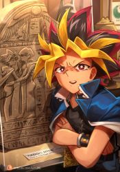 Rule 34 | 1boy, atem, black hair, black tank top, blonde hair, blue jacket, blue pants, bracelet, bright pupils, chain, commentary, crossed arms, egyptian art, english commentary, english text, highres, indoors, jacket, jewelry, kaiba seto, khyle., looking at viewer, male focus, millennium puzzle, multicolored hair, museum, open mouth, pants, parted bangs, patreon username, red eyes, red hair, serious, solo, stone tablet, tank top, teeth, upper body, v-shaped eyebrows, yami yugi, yaoi, yu-gi-oh!, yu-gi-oh! duel monsters