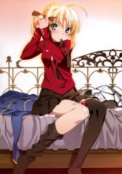 Rule 34 | 1girl, absurdres, adjusting hair, ahoge, alternate hairstyle, armor, artoria pendragon (all), artoria pendragon (fate), bandaid, bed, black thighhighs, blonde hair, blush, cosplay, dressing, fate/stay night, fate (series), green eyes, hair ribbon, hairdressing, highres, huge filesize, mouth hold, no shoes, on bed, pleated skirt, ribbon, saber (fate), side ponytail, sitting, skirt, solo, thighhighs, tohsaka rin, tohsaka rin (cosplay), watanabe akio, zettai ryouiki