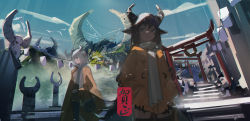 Rule 34 | 2girls, bag, bird, blue sky, brown coat, brown eyes, brown hair, closed mouth, cloud, coat, commentary, english commentary, fantasy, handbag, hands in pockets, highres, horns, jacket, long sleeves, looking at viewer, mountain, multiple girls, orange jacket, original, outdoors, pointy ears, scarf, short hair, sky, smile, stairs, statue, torii, white hair, white scarf, zygocactus