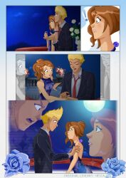 Rule 34 | !, 1boy, 1girl, bare shoulders, blonde hair, blue flower, blue rose, blush, brown hair, choker, closed eyes, closed mouth, diana lombard, dress, flower, formal, full body, looking at another, martin mystery, martin mystery (series), moon, necktie, neica-92, night, open mouth, red necktie, rose, short hair, spiked hair, step-siblings, suit