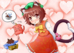 Rule 34 | &gt; &lt;, 1girl, animal ears, animal print, blue oni, blush, bow, bowtie, brown eyes, brown hair, cat ears, cat girl, cat tail, chen, chocolate, closed eyes, earrings, female focus, gift, hat, heart, heart tail, holding, holding behind back, holding gift, horns, jewelry, marimo inu, multiple tails, oni, red oni, single horn, solo, spoken food, sprinkles, tail, tiger print, touhou, valentine