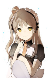 Rule 34 | 1girl, black ribbon, brown hair, brown necktie, holding, long hair, looking at viewer, love live!, love live! school idol project, lpip, maid, maid headdress, minami kotori, necktie, ribbon, short sleeves, simple background, smile, solo, striped, upper body, vertical stripes, white background, yellow eyes