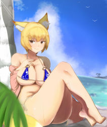 Rule 34 | 1girl, adapted costume, against tree, animal ears, bad anatomy, bad feet, bare shoulders, barefoot, beach, belly, bikini, blonde hair, blue bikini, blurry, blush, breasts, brown eyes, cleavage, closed mouth, collarbone, day, depth of field, fox ears, fox girl, fox tail, kitsune, knees up, large breasts, legs together, looking at viewer, micro bikini, multiple tails, no headwear, no headwear, otama11, outdoors, palm tree, plump, poorly drawn, short hair, side-tie bikini bottom, sitting, smile, solo, sweat, swimsuit, tail, thick thighs, thighs, toenails, touhou, tree, water, yakumo ran