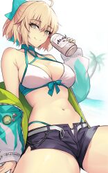 Rule 34 | 1girl, ahoge, aqua bow, bare shoulders, beer can, bikini, blonde hair, bow, breasts, can, cleavage, collarbone, drink can, dynamitenatalia, fate/grand order, fate (series), hair bow, half updo, highres, jacket, large breasts, long sleeves, looking at viewer, off shoulder, okita j. souji (fate), okita j. souji (third ascension) (fate), okita souji (fate), short hair, shorts, smile, solo, swimsuit, thighs, white bikini, yellow eyes
