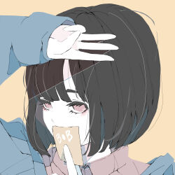 Rule 34 | 1girl, absurdres, black hair, blue jacket, blush, bob cut, brown hair, card, collared shirt, colored inner hair, covering own mouth, highres, holding, holding card, jacket, long bangs, long sleeves, looking at viewer, middle w, multicolored hair, no pupils, nocopyrightgirl, original, pale skin, pink shirt, portrait, red eyes, shirt, short hair, simple background, sleeve cuffs, solo, w, yellow background