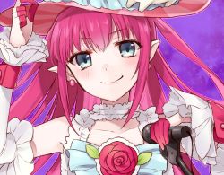 Rule 34 | 10s, 1girl, blue eyes, chisumi, closed mouth, commentary request, detached collar, detached sleeves, dress, earrings, elizabeth bathory (fate), elizabeth bathory (fate/extra ccc), elizabeth bathory (third ascension) (fate), fate/extra, fate/extra ccc, fate (series), flower, frilled dress, frills, hand on headwear, hand up, hat, holding, jewelry, long hair, looking at viewer, microphone, pink hair, pink hat, pointy ears, purple background, red flower, red rose, rose, smile, solo, striped clothes, striped headwear, upper body, vertical-striped clothes, vertical-striped headwear