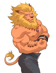 Rule 34 | 1boy, animal ears, bara, biceps, black pants, blonde hair, blue eyes, brown fur, denim, digimon, digimon (creature), earrings, flexing, from side, furry, furry male, highres, jeans, jewelry, leomon, lion boy, lion ears, looking at viewer, male focus, muscular, muscular male, nipples, pants, pectorals, shirako (kirupi), short hair, side chest pose, solo, topless male