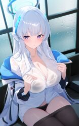 Rule 34 | 1girl, absurdres, black panties, black pantyhose, blue archive, blush, breasts, cleavage, closed mouth, collared shirt, cowboy shot, grey hair, halo, highres, jacket, large breasts, long hair, looking at viewer, mechanical halo, noa (blue archive), open clothes, open jacket, panties, panty pull, pantyhose, purple eyes, sagiri (ulpha220), shirt, solo, two-sided fabric, two-sided jacket, underwear, wet, wet clothes, white jacket, white shirt, window