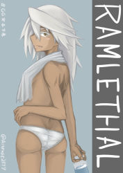Rule 34 | 1girl, :p, ass, back, blush stickers, bottle, brown eyes, butt crack, dark skin, dark-skinned female, from behind, guilty gear, guilty gear xrd, hibun tsukasa, highres, long hair, looking at viewer, panties, ramlethal valentine, sideways mouth, silver hair, solo, tongue, tongue out, topless, towel, towel around neck, underwear, water bottle