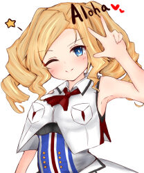 Rule 34 | 1girl, blonde hair, blue eyes, breast pocket, breasts, crop top, drill hair, honolulu (kancolle), kantai collection, large breasts, long hair, looking at viewer, military, military uniform, neckerchief, one-hour drawing challenge, pocket, red neckerchief, simple background, sleeveless, sleeveless jacket, solo, twin drills, twintails, uniform, v, white background, yuki (yukineko-nyaa)