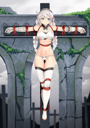 Rule 34 | 1girl, ahoge, bandaged arm, bandages, bare shoulders, bdsm, black hairband, blue eyes, bondage, boots, bound, bound arms, bound legs, braid, breasts, cleavage, cleavage cutout, clothing cutout, commentary request, cosplay, crop top, crucifixion, fingerless gloves, full body, gloves, gluteal fold, groin, hairband, highres, honkai (series), honkai impact 3rd, jack the ripper (fate/apocrypha) (cosplay), kiana kaslana, large breasts, long hair, looking at viewer, midriff, navel, outdoors, outstretched arms, panties, restrained, rope, shirt, single glove, sleeveless, sleeveless shirt, solo, stomach, thigh boots, thighs, twin braids, underwear, very long hair, white footwear, white gloves, white hair, white panties, white shirt, yasume yukito