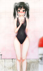 Rule 34 | 10s, 1girl, alternate costume, bathroom, black eyes, black hair, blurry, blush, competition swimsuit, covered navel, depth of field, highres, kantai collection, long hair, one-piece swimsuit, solo, sora (dankesehr), standing, swimsuit, tile wall, tiles, twintails, wavy mouth, zuikaku (kancolle)
