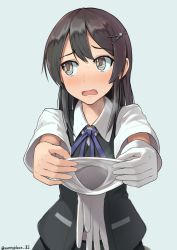 Rule 34 | 10s, 1girl, artist name, black vest, blue background, blush, brown hair, collared shirt, foreshortening, giving, glove spread, gloves, unworn gloves, hair ornament, hairclip, hinami (hinatamizu), holding, holding clothes, holding gloves, kantai collection, long hair, looking away, looking to the side, neck ribbon, oyashio (kancolle), purple ribbon, ribbon, sexually suggestive, shirt, short sleeves, simple background, single glove, solo, sweatdrop, tareme, upper body, vest, white gloves, white shirt, wing collar