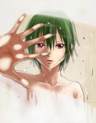 Rule 34 | 1girl, alvares, bad id, bad pixiv id, breasts, censored, cleavage, condensation, convenient censoring, foreshortening, green hair, mirror, nude, original, outstretched hand, parted lips, red eyes, short hair, showering, solo, tsurime, wiping