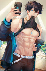 Rule 34 | 1boy, abs, belt, black hair, black pants, black tank top, blue eyes, clothes in mouth, clothes lift, commentary, commission, english commentary, hair between eyes, hand on own hip, highres, holding, holding phone, indie virtual youtuber, jae (vtuber), male focus, mouth hold, navel, nipples, pants, phone, second-party source, selfie, shirashura, shirt in mouth, shirt lift, short hair, solo, tank top, toned, toned male, virtual youtuber, white belt