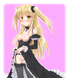 Rule 34 | 1girl, black thighhighs, blonde hair, blush, bracelet, breasts, censored, choker, clothes lift, collarbone, detached collar, dress, dress lift, fujimoto akio, garter belt, garter straps, gothic lolita, jewelry, lolita fashion, long hair, looking at viewer, looking to the side, necklace, nipples, no panties, original, pussy, small breasts, smile, solo, thighhighs, twintails, two side up, yellow eyes