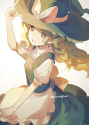 Rule 34 | 1girl, apron, black hat, black skirt, black vest, blonde hair, frilled apron, frills, hat, highres, kirisame marisa, long hair, oito (bowstringsmall), open mouth, shirt, short sleeves, simple background, skirt, solo, touhou, twitter username, unfinished dream of all living ghost, vest, waist apron, white apron, white background, white shirt, witch hat, yellow eyes