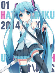 Rule 34 | 10s, 1girl, 2014, bad id, bad pixiv id, bare shoulders, black skirt, black thighhighs, blue eyes, blue hair, character name, dated, detached sleeves, hatsune miku, highres, kaieee, long hair, matching hair/eyes, microphone, necktie, skirt, solo, thighhighs, twintails, very long hair, vocaloid, wide sleeves, zettai ryouiki