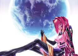Rule 34 | 1girl, ahoge, alternate hairstyle, bodysuit, covered erect nipples, earth (planet), fortified suit, highres, kagami sumika, legs, long hair, muv-luv, muv-luv alternative, official art, parted lips, pink eyes, pink hair, planet, ribbon, unworn ribbon, sitting, solo, tears, very long hair, wet, yellow ribbon