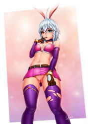 Rule 34 | 1girl, animal ears, bandeau, bar censor, belt, blue eyes, borrowed character, censored, detached sleeves, dutch angle, finger to mouth, gloves, heterochromia, highres, microskirt, mole, mole under eye, newash, no panties, original, pussy, rabbit ears, red eyes, short hair, silver hair, skirt, solo, thighhighs, torn clothes, torn thighhighs