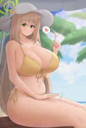 Rule 34 | 1girl, absurdres, bikini, blue archive, breasts, brown hair, cleavage, closed mouth, day, green eyes, halo, hat, heart, highres, huge breasts, long hair, looking at viewer, mimikaki, navel, neoru (cvfw7854), nonomi (blue archive), outdoors, palm tree, shade, sitting, smile, solo, speech bubble, spoken heart, sun hat, swimsuit, tree, yellow bikini