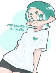 Rule 34 | 1girl, arms at sides, bike shorts, black shorts, breasts, bright pupils, closed mouth, clover print, commentary, cowboy shot, flower-shaped pupils, green eyes, green hair, hekoningyou (waraningyou), hex code, highres, inkling, inkling girl, inkling player character, medium hair, nintendo, parted bangs, pointy ears, print shirt, shirt, short sleeves, shorts, small breasts, smile, solo, splatoon (series), symbol-only commentary, symbol-shaped pupils, tentacle hair, translation request, white background, white pupils, white shirt