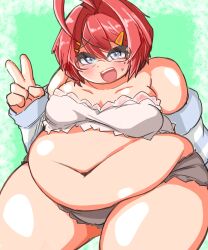 Rule 34 | 1girl, ahoge, ange katrina, ange katrina (6th costume), blue eyes, blush, breasts, camisole, collarbone, commission, commissioner upload, fat, fat rolls, glasses, hair between eyes, hair intakes, hair ornament, hairclip, hamukamen, highres, medium breasts, nijisanji, non-web source, open mouth, red hair, short hair, skeb commission, solo, sparkling eyes, sweat, thick thighs, thighs, v, virtual youtuber, white camisole