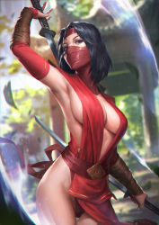 Rule 34 | 1girl, black hair, breasts, covered face, detached sleeves, dual wielding, highres, holding, katana, koyasha, large breasts, looking at viewer, mace: the dark age, ninja, revealing clothes, short hair, sideboob, solo, sunkeytail, sword, weapon