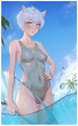 Rule 34 | 1girl, :o, absurdres, animal ears, artist name, blush, breasts, cloud, competition swimsuit, day, groin, hand on own hip, highres, navel, one-piece swimsuit, original, outdoors, palm tree, partially submerged, qizhu, short hair, silver hair, sky, solo, standing, sun, surfboard, swimsuit, thigh gap, tree, wading, water